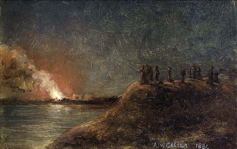 Tulipalon katselijat pitkansillan rannassa.